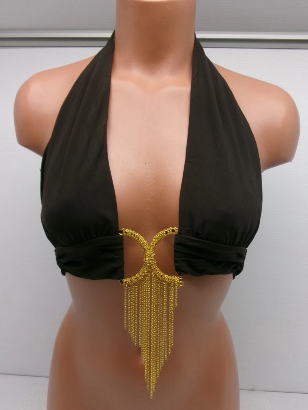 Sauvage Festival Brown Halter Bikini Top Gold Chain Fringe S NWOT